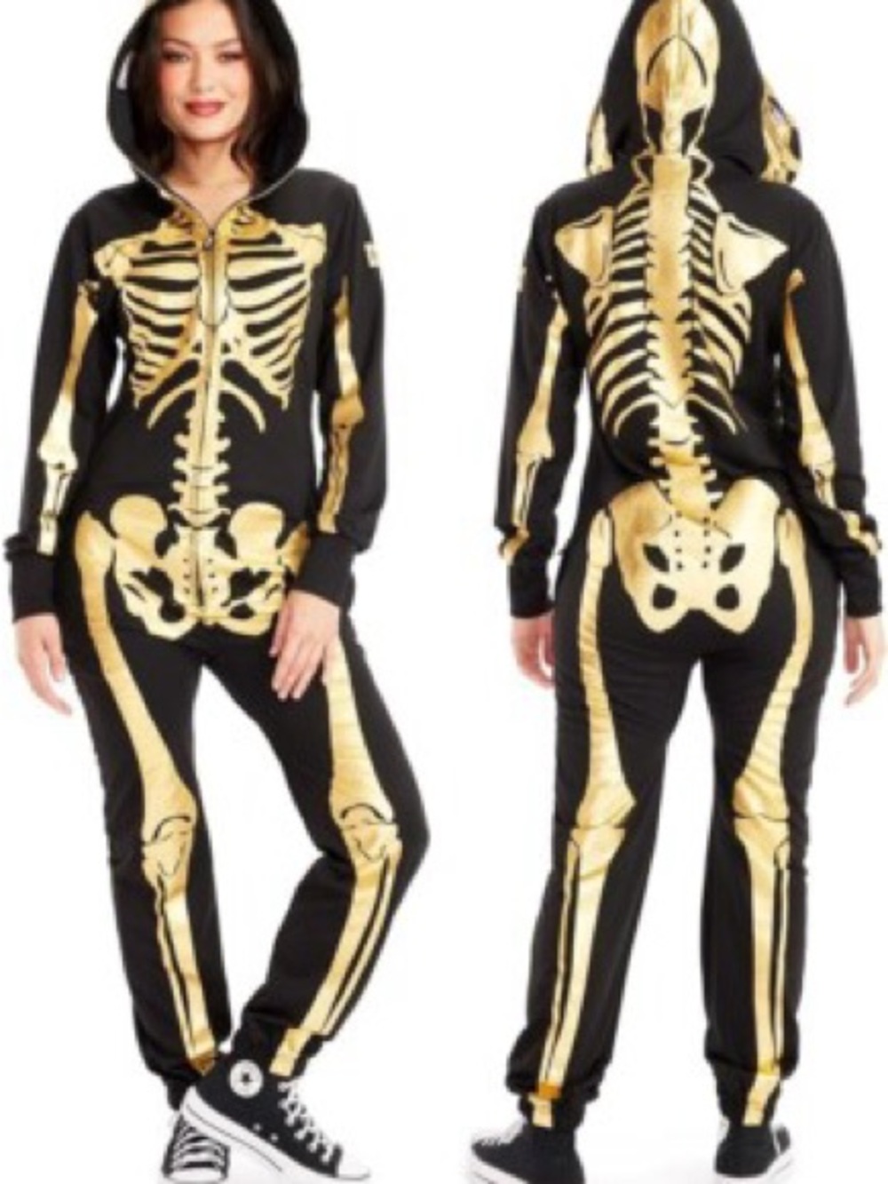Tipsy Elves Black & Gold Skeleton Hoodie Jumpsuit